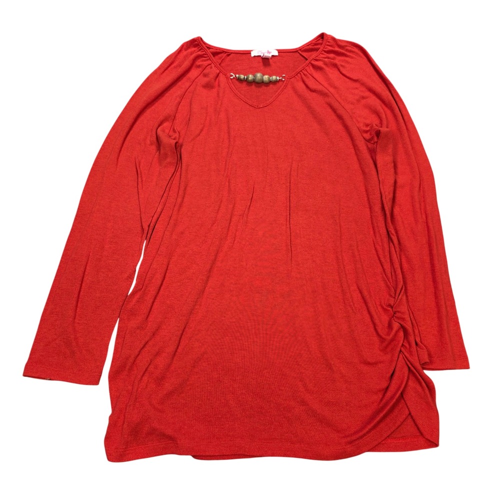 Zena Long Sleeve Tunic Top Women's Size 18/20 Red Beaded V-Neck Side Ruching